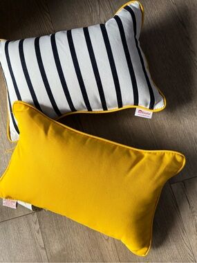 Set of 2 Sunbrella Outdoor Lumbar Pillows Navy Stripe Yellow Trim Reversible